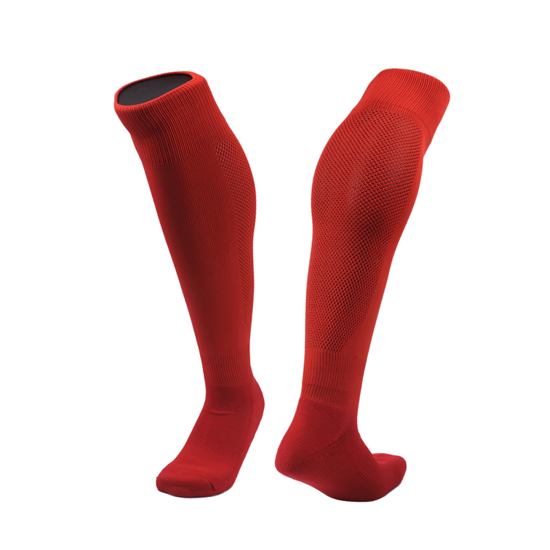 Long red anti-skid football socks for men, perfect for training with quick-dry, breathable material ensuring comfort and performance.