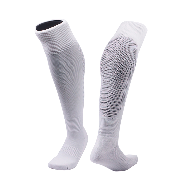 White long anti-skid football socks for men, quick-dry and breathable, perfect for training and sports, providing comfort and support.