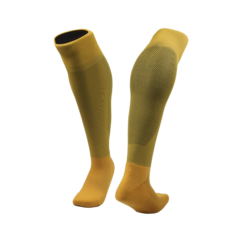 Long anti-skid football socks for men in yellow, designed for training with quick-dry, breathable fabric for superior comfort.