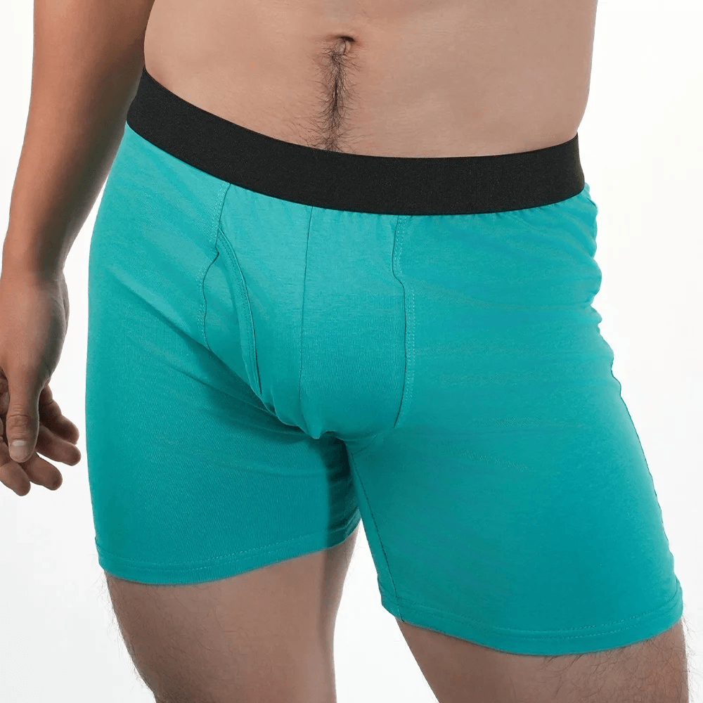 Long Boxer Briefs with Stretch Cotton Fit - SF4709 in teal showcasing long trunk cut and smooth black waistband.