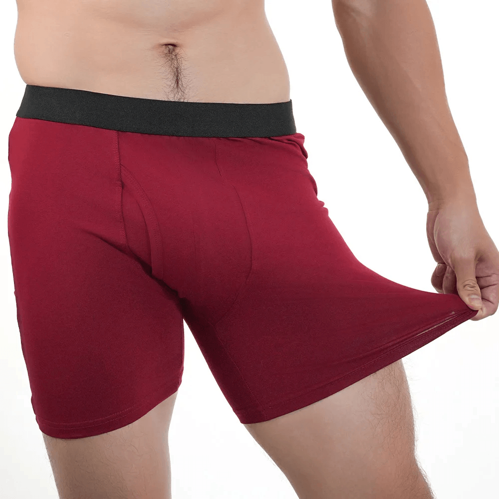 Long Boxer Briefs with Stretch Cotton Fit - SF4709 in burgundy color on a model showcasing its stretchable fabric.
