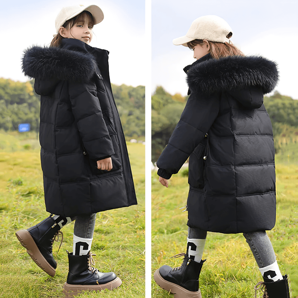 Girl wearing Long Down Coat with Hood and Faux Fur Trim - SF3525, showcasing winter style with large pockets and faux fur hood in the outdoors.