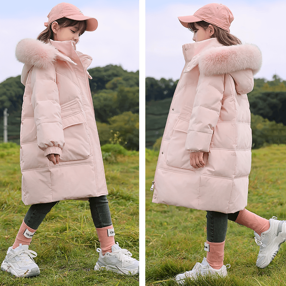 Girls wearing Long Down Coat with Hood and Faux Fur Trim - SF3525, warm winter puffer jacket with large pockets, ideal for frosty days.