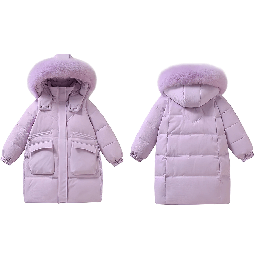 Girls' Long Down Coat with Hood and Faux Fur Trim - SF3525 in lilac, showing padded design and large front pockets.