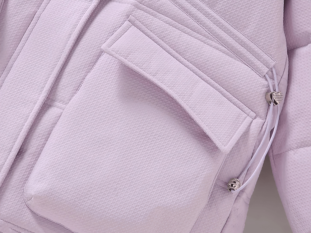 Close-up of Long Down Coat with Hood and Faux Fur Trim - SF3525 showing large flap pocket and durable material for winter warmth.