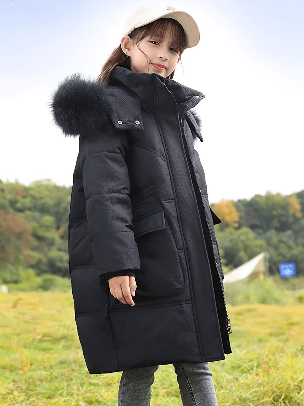Girl wearing Long Down Coat with Hood and Faux Fur Trim - SF3525, black winter puffer jacket with big pockets and windproof zipper.