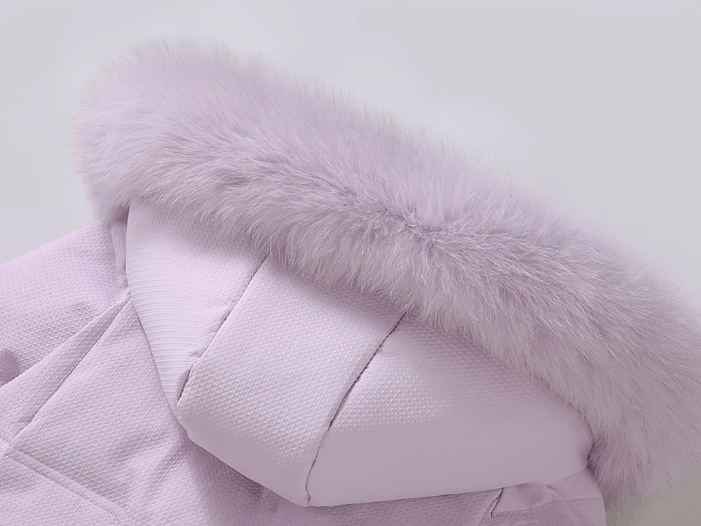 Close-up of Long Down Coat with Hood and Faux Fur Trim - SF3525, showcasing the soft faux fur edging and thick padded design.