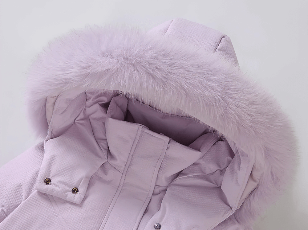 Long Down Coat with Hood and Faux Fur Trim - SF3525: Close-up of faux fur hood in winter puffer jacket for girls.