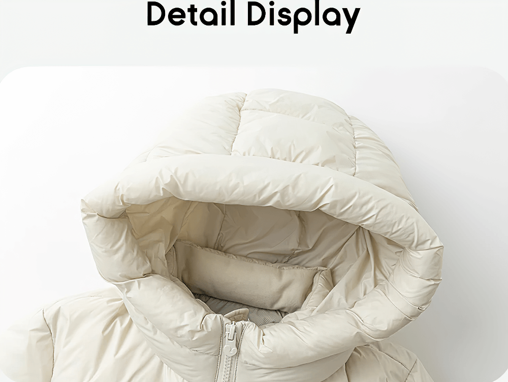 Close-up of Long Down Jacket with Windproof Hood Design - SF3512, showcasing the waterproof and windproof hood detail.