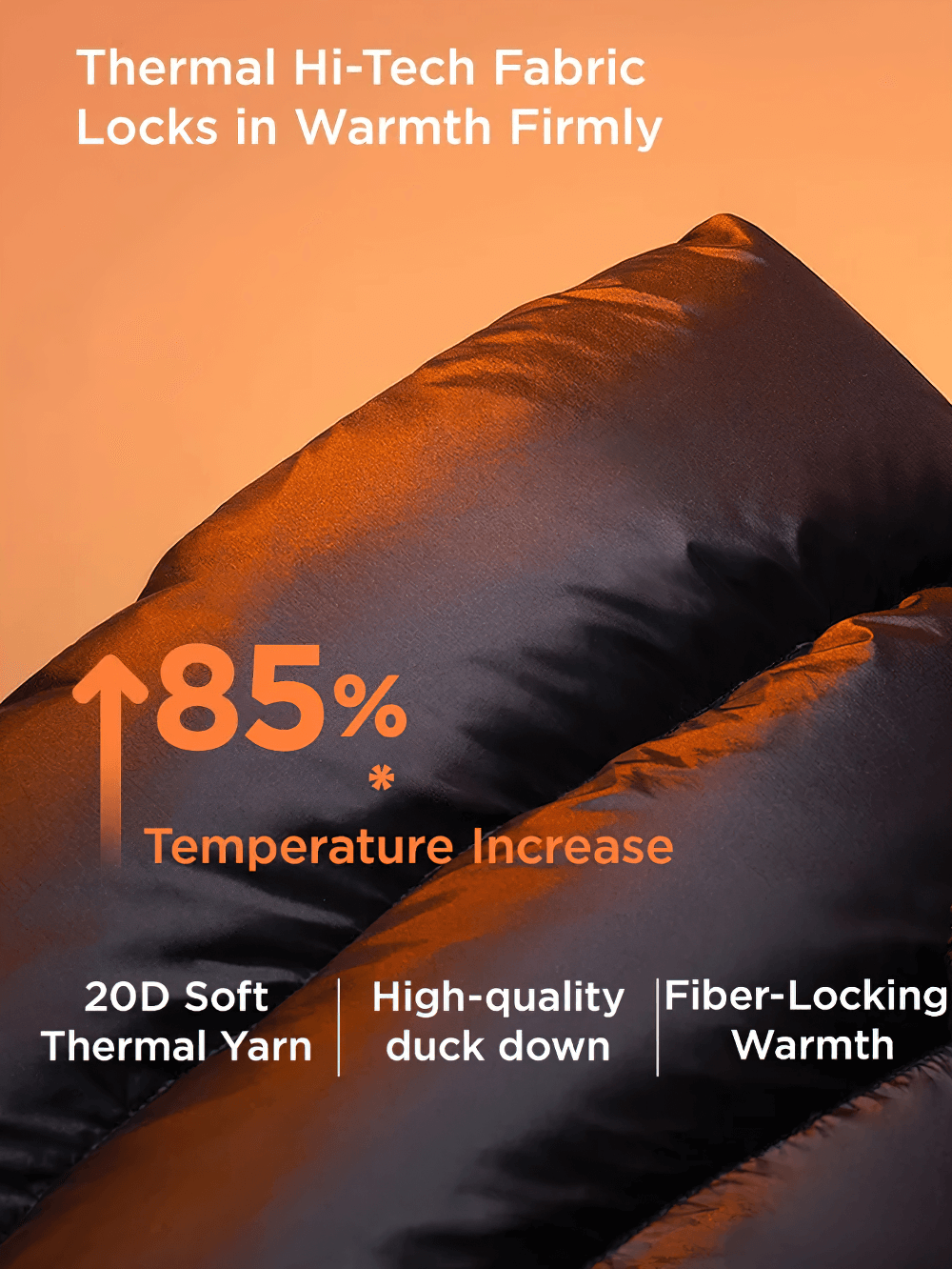 Long Down Jacket with Windproof Hood Design - SF3512 showing thermal fabric with 85% temperature increase, 20D yarn, duck down, fiber warmth.