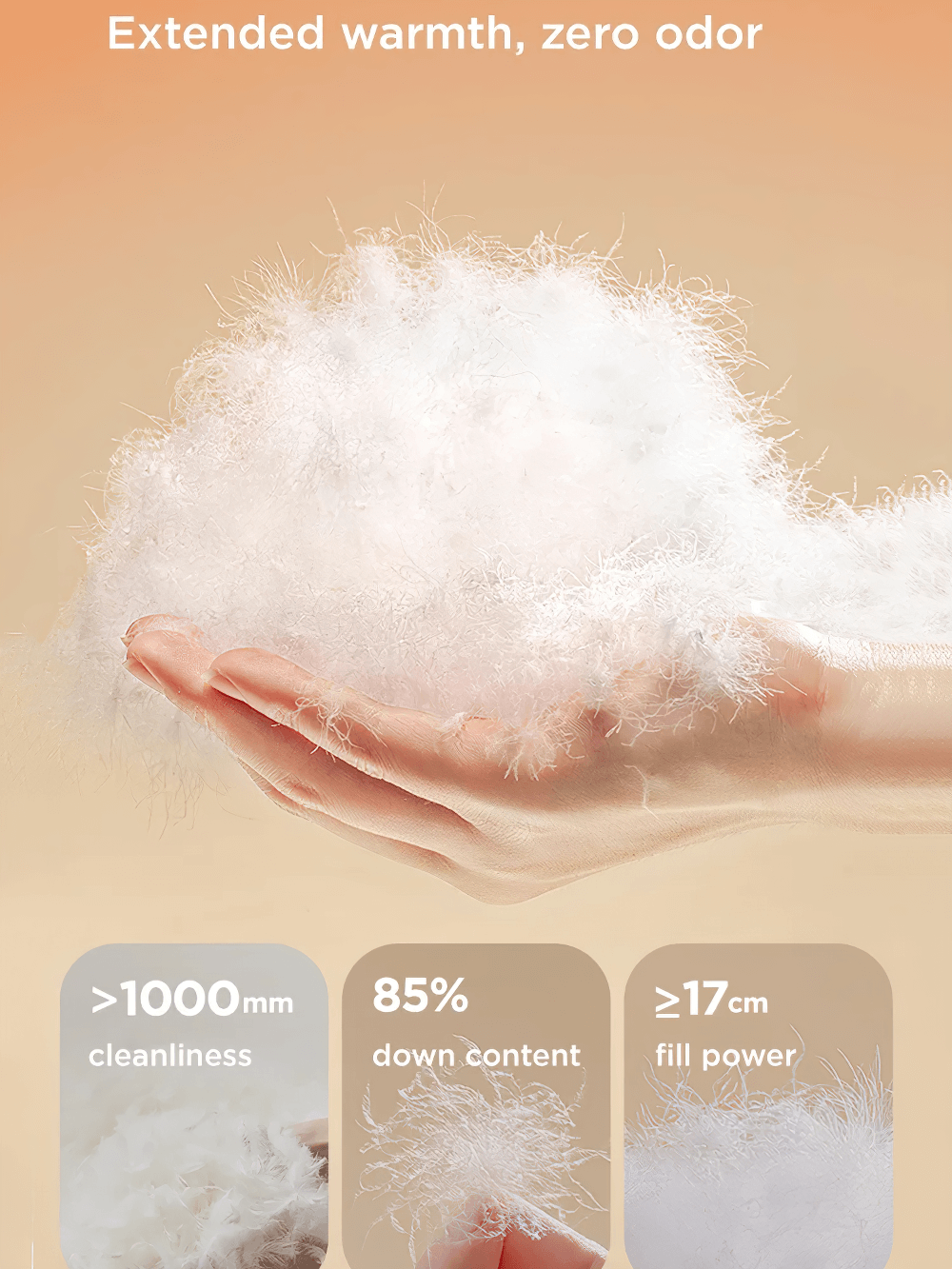 Hand holding fluffy down for 'Long Down Jacket with Windproof Hood Design - SF3512', showcasing premium fill quality.