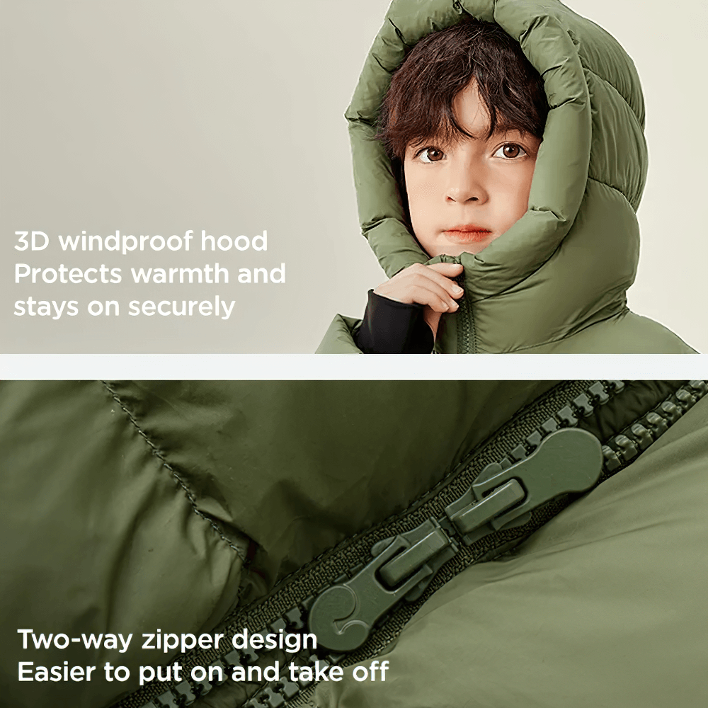 Long Down Jacket with Windproof Hood Design - SF3512 for kids, showcasing windproof hood and two-way zipper, perfect for winter.