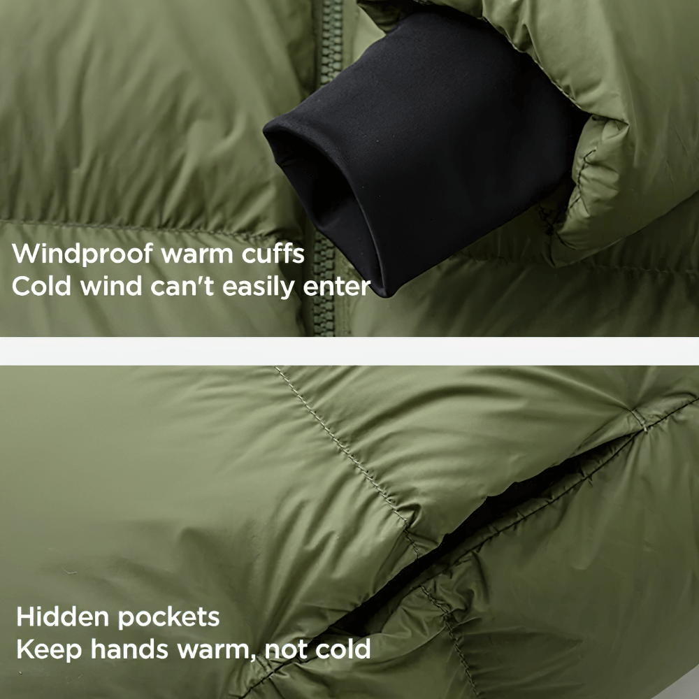 Close-up of Long Down Jacket with Windproof Hood Design - SF3512 showcasing windproof cuffs and hidden pockets for warmth and protection.
