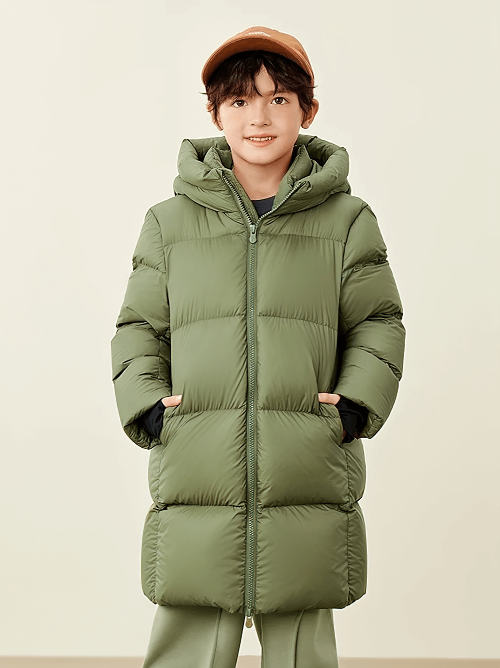 Child wearing Long Down Jacket with Windproof Hood Design - SF3512, showcasing green waterproof puffer coat for winter protection.