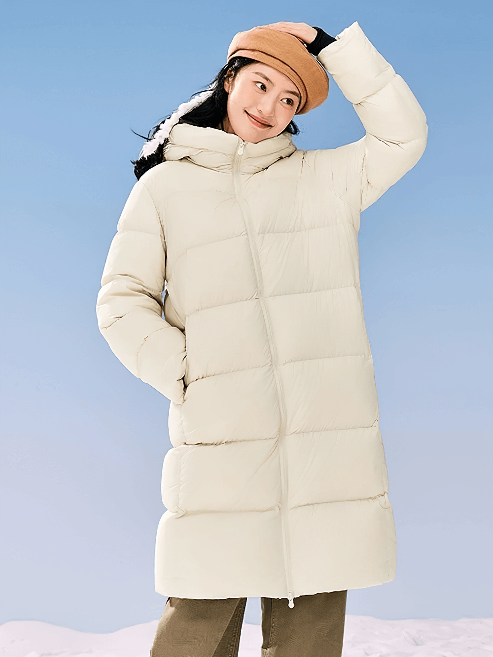 Alt Tag: Long Down Jacket with Windproof Hood Design - SF3512 for kids, designed for warmth and protection in winter weather.
