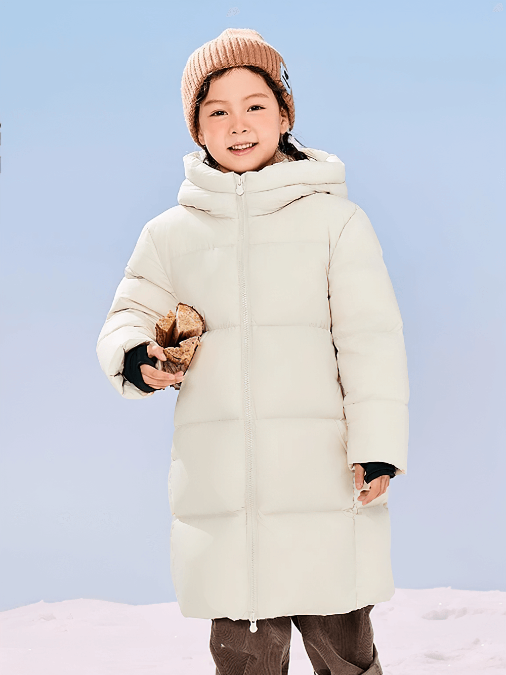 Child wearing Long Down Jacket with Windproof Hood Design - SF3512, warm winter coat ideal for cold weather, playing in the snow.