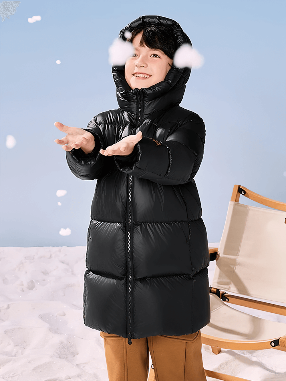 Child wearing Long Down Jacket with Windproof Hood Design - SF3512 playing in snow.