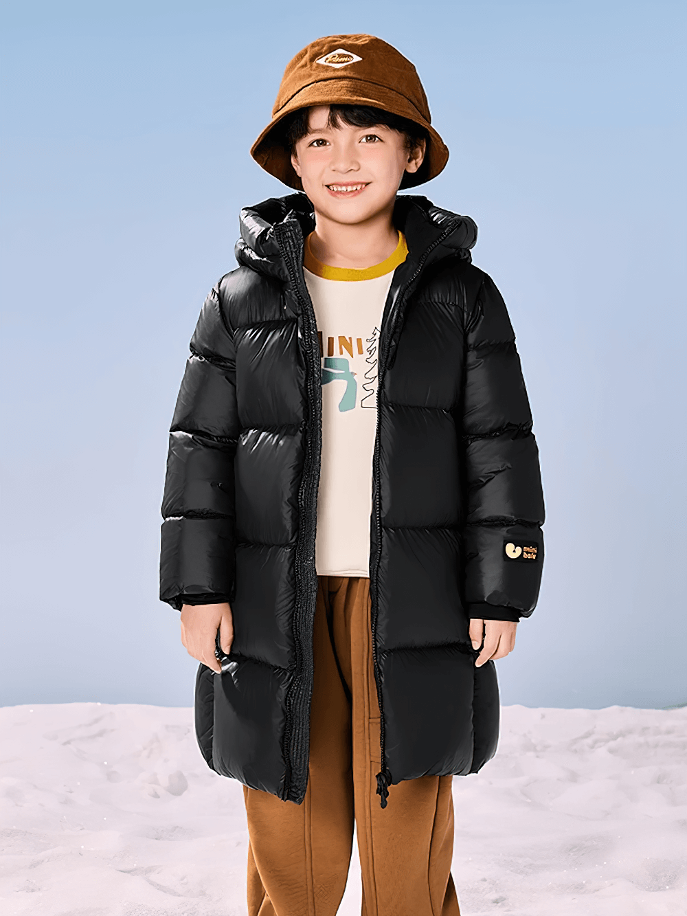 Child wearing the Long Down Jacket with Windproof Hood Design - SF3512, showcasing warmth and style for winter outdoor fun.