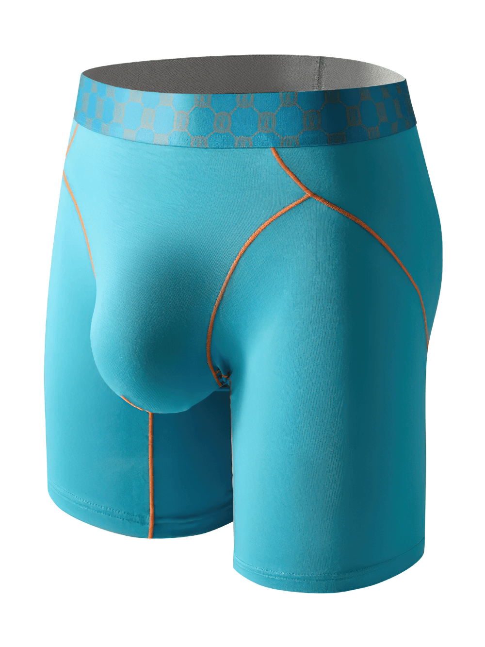 Long Leg Trunk Underwear with Contrast Seams - SF4749 in blue with orange seams and U convex pouch.