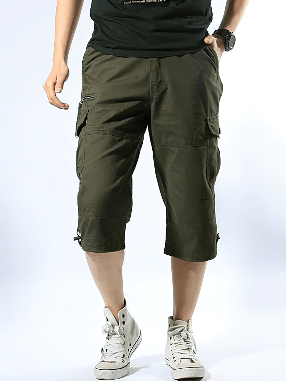 Alt Tag: Long Length Cargo Shorts With Multi-Pockets - SF4486 men's utility cargo capri pants with multi pockets, drawstring hems, olive green