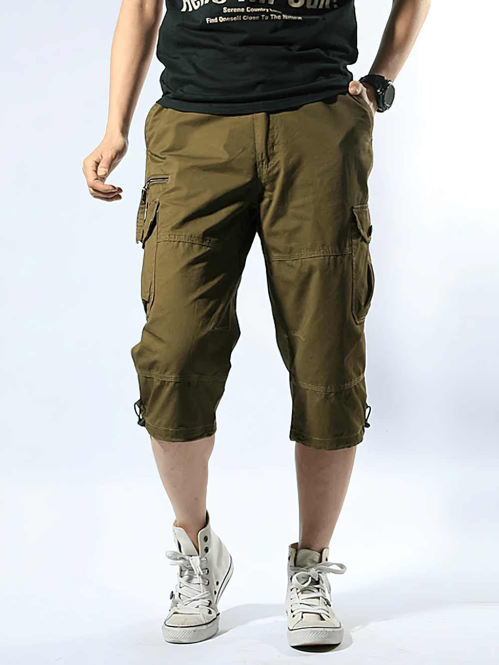 Alt Tag: Long Length Cargo Shorts With Multi-Pockets - SF4486 men's olive cargo capri pants with multi pockets, drawstring hems, casual outdoor fit