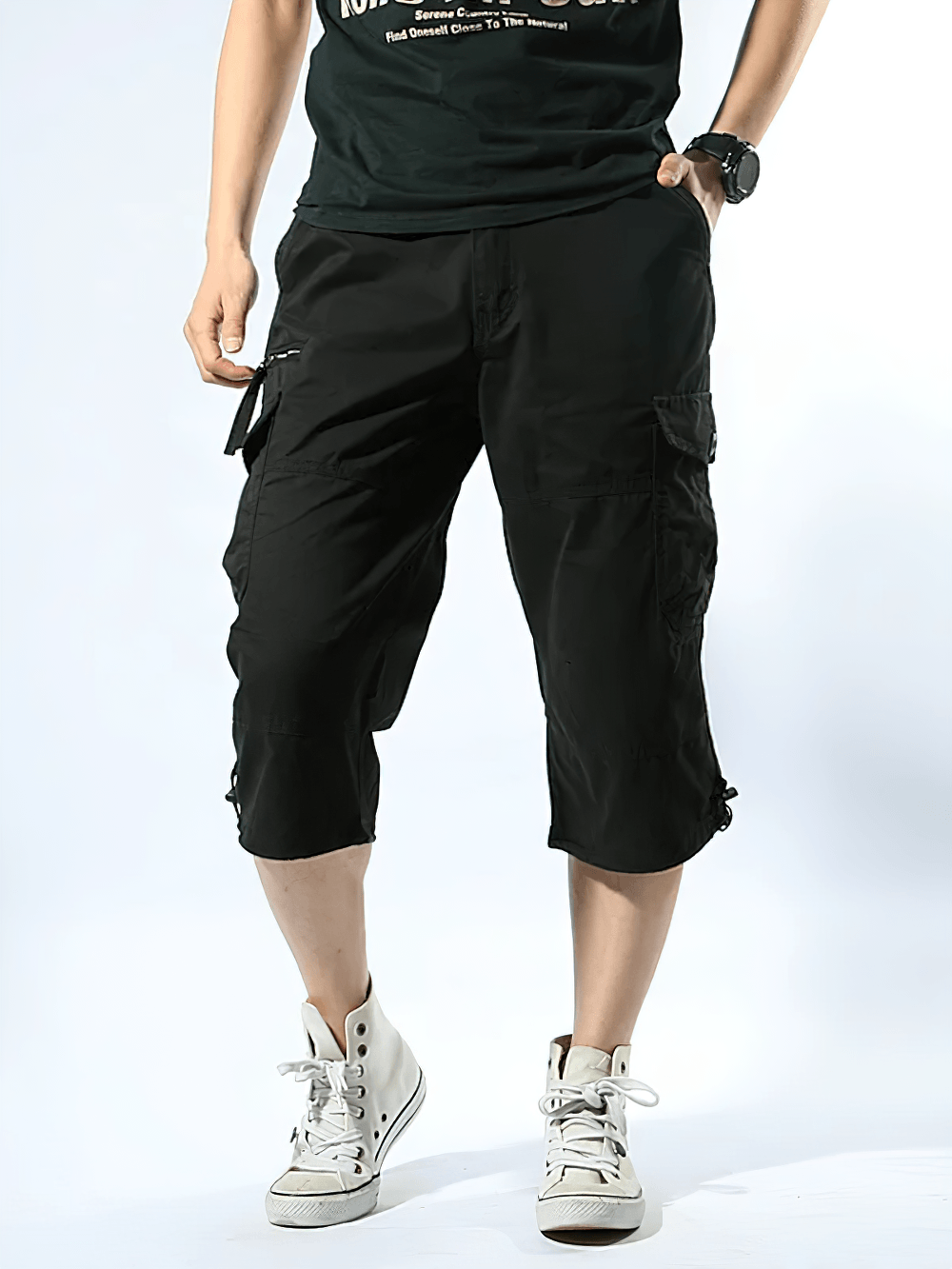 Alt Tag: Long Length Cargo Shorts With Multi-Pockets - SF4486 men's black utility cropped cargo pants with drawstring hems & pockets