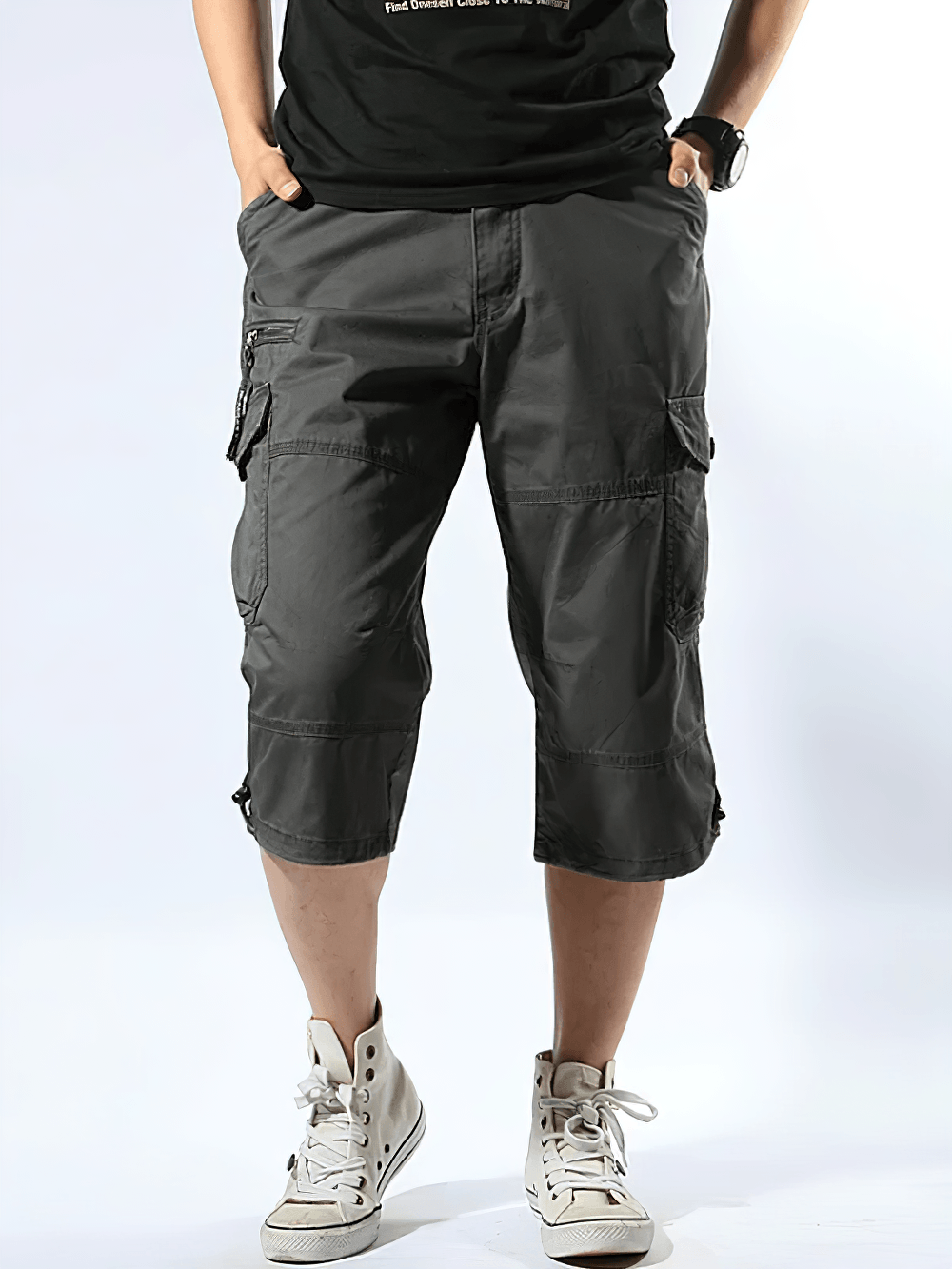 Alt Tag: Long Length Cargo Shorts With Multi-Pockets - SF4486 men’s black utility cropped cargo pants with multi pockets, drawstring hems
