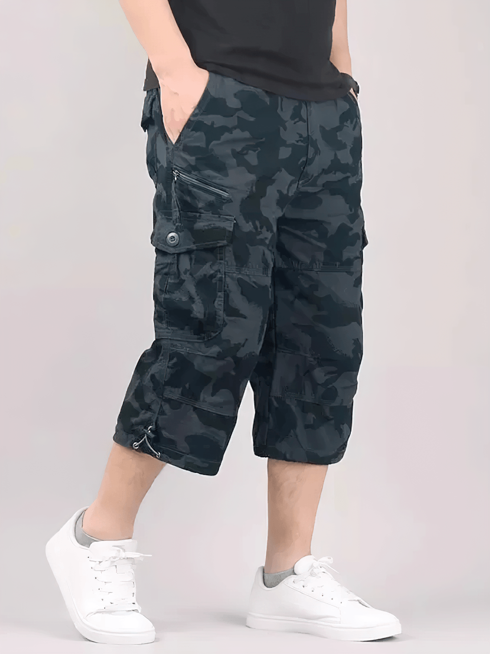 Long Length Cargo Shorts With Multi-Pockets - SF4486 men’s camo cargo capri pants with multi-pockets, drawstring hems, casual outdoor streetwear