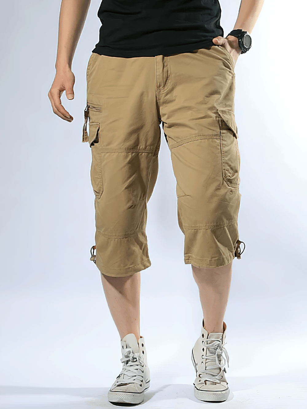 Alt Tag: Long Length Cargo Shorts With Multi-Pockets - SF4486 men’s khaki cropped cargo pants with multi pockets, drawstring hems, casual outdoor fit