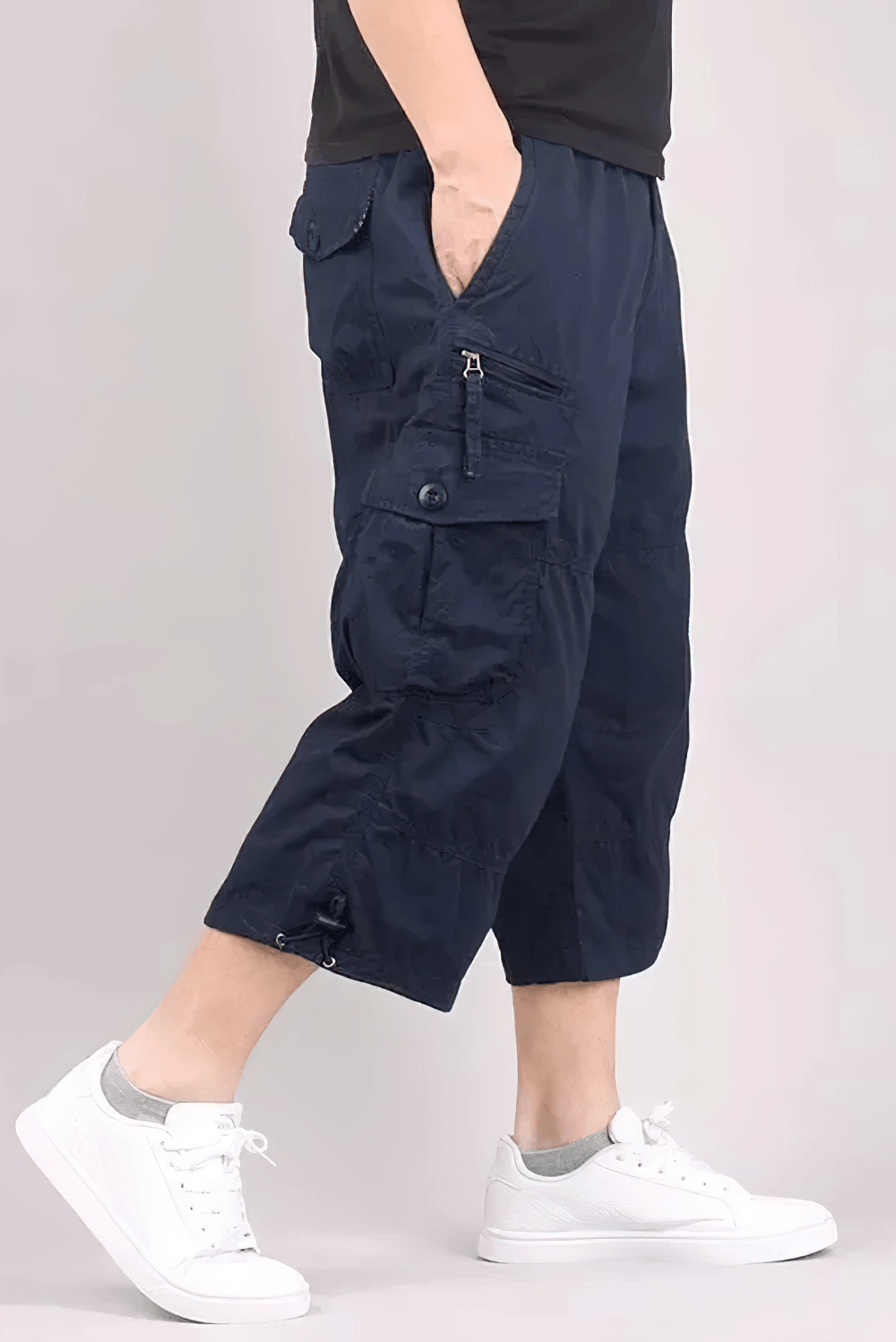Alt Tag: Long Length Cargo Shorts With Multi-Pockets - SF4486 navy men’s cargo cropped pants with multi pockets, drawstring hems, elastic waist