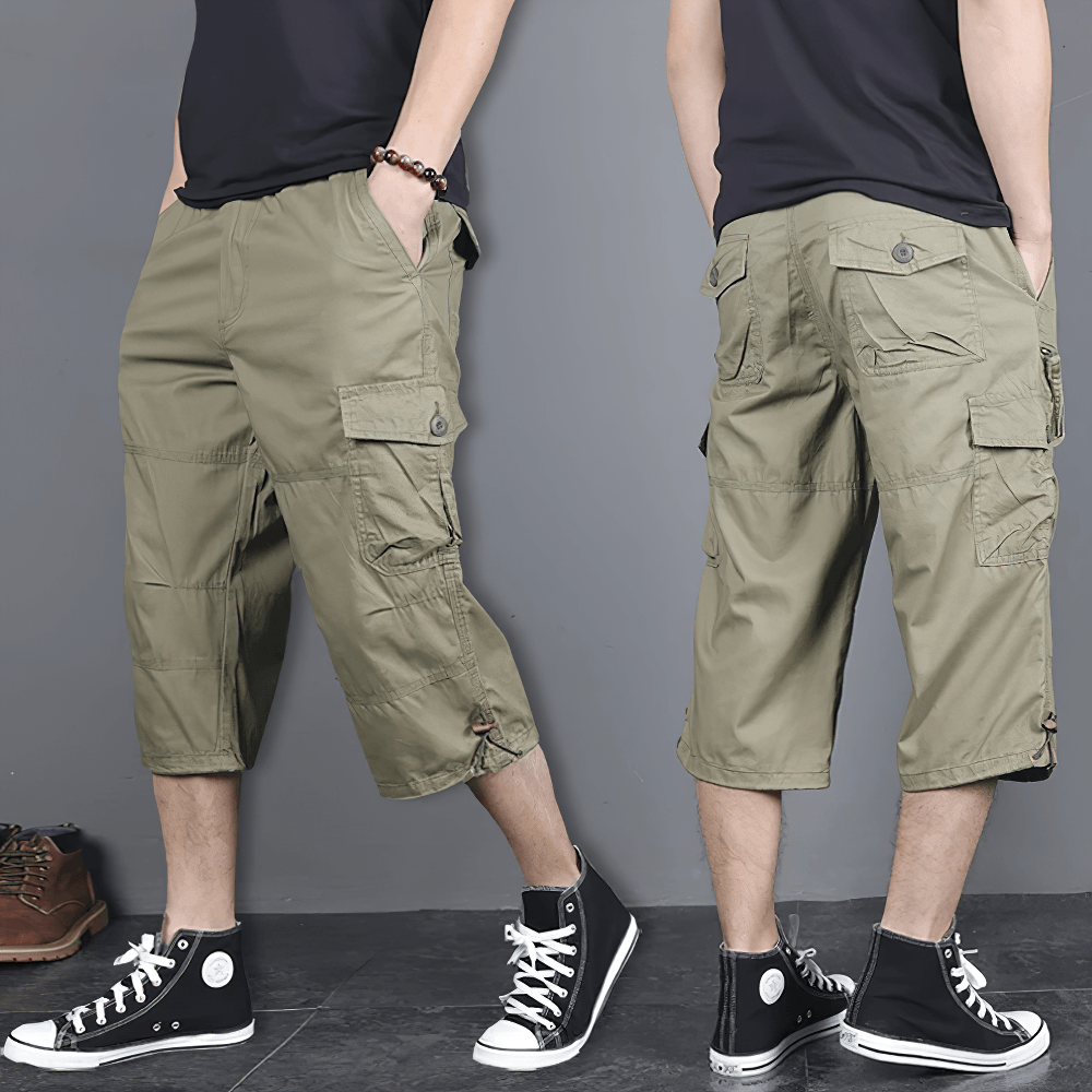 Alt Tag: Long Length Cargo Shorts With Multi-Pockets - SF4486 men's utility cargo capri pants with multi-pockets, drawstring hems, olive streetwear look