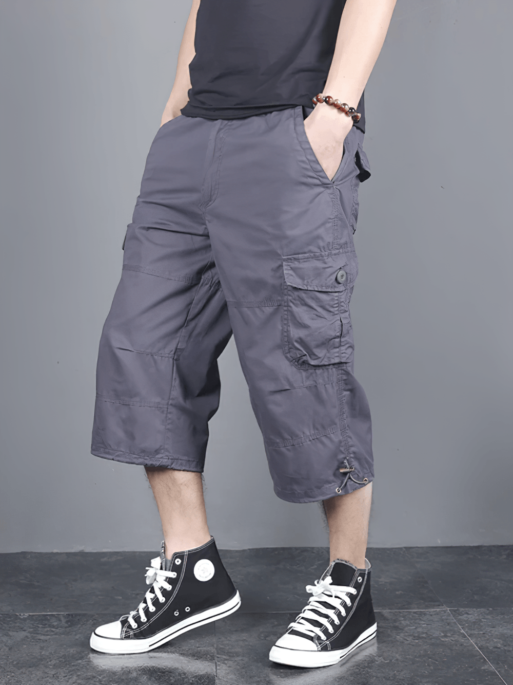 Alt Tag: Long Length Cargo Shorts With Multi-Pockets - SF4486 men's gray utility cargo capri pants with multi pockets, drawstring hems