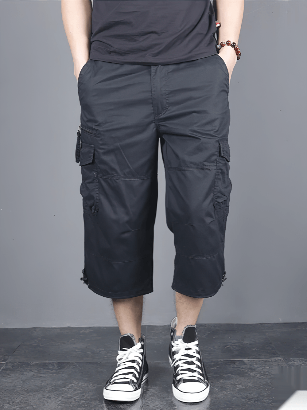 Alt Tag: Long Length Cargo Shorts With Multi-Pockets - SF4486 men's black utility cargo capri pants with multi pockets, drawstring hems