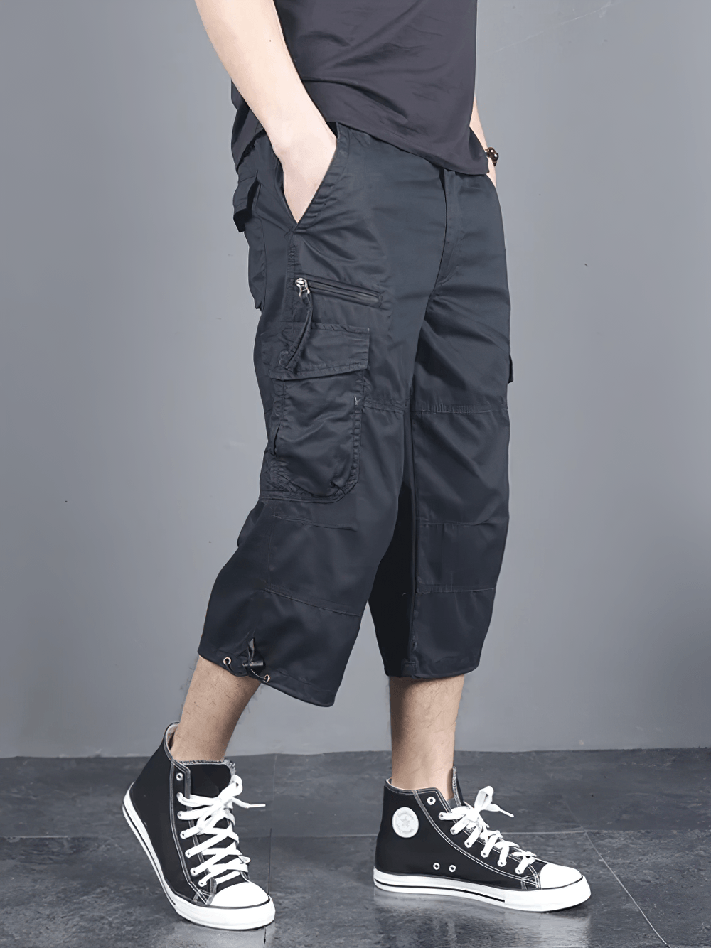 Alt Tag: Long Length Cargo Shorts With Multi-Pockets - SF4486 men's black cargo capri pants with multi pockets, drawstring hems and elastic waist