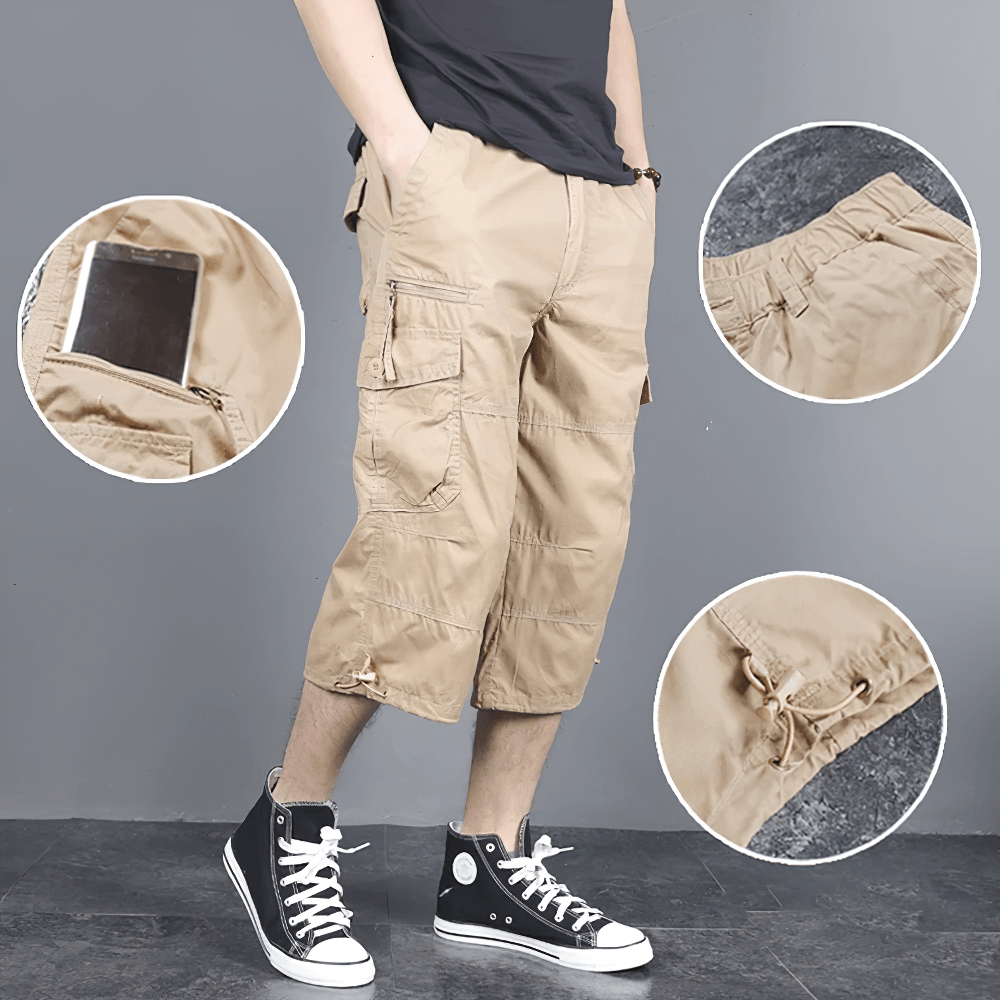 Alt Tag: Long Length Cargo Shorts With Multi-Pockets - SF4486 men's khaki utility cropped cargo pants with multi pockets, drawstring hems