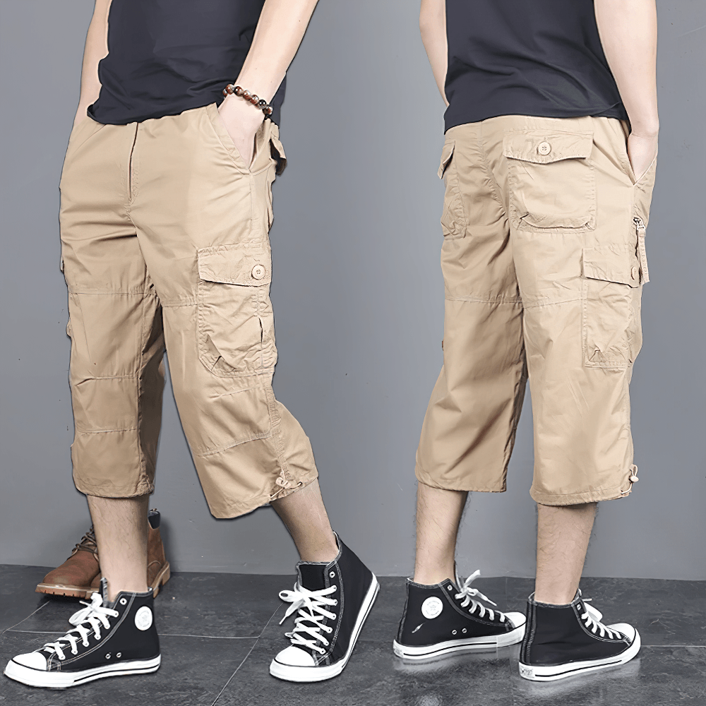 Alt Tag: Long Length Cargo Shorts With Multi-Pockets - SF4486 men's khaki cropped cargo pants with multi pockets, drawstring hems, elastic waist