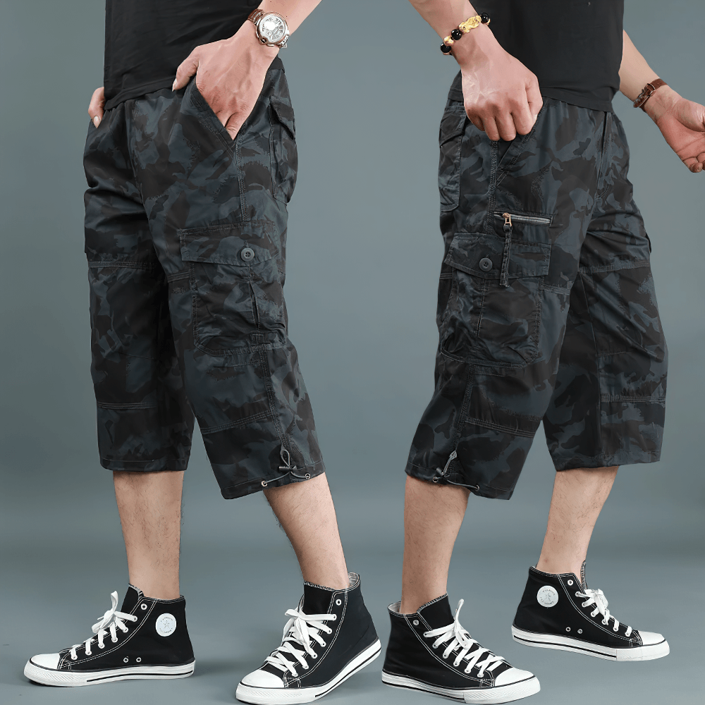 Alt Tag: Long Length Cargo Shorts With Multi-Pockets - SF4486 men’s black camo utility cargo capri pants with multi pockets and drawstring hems