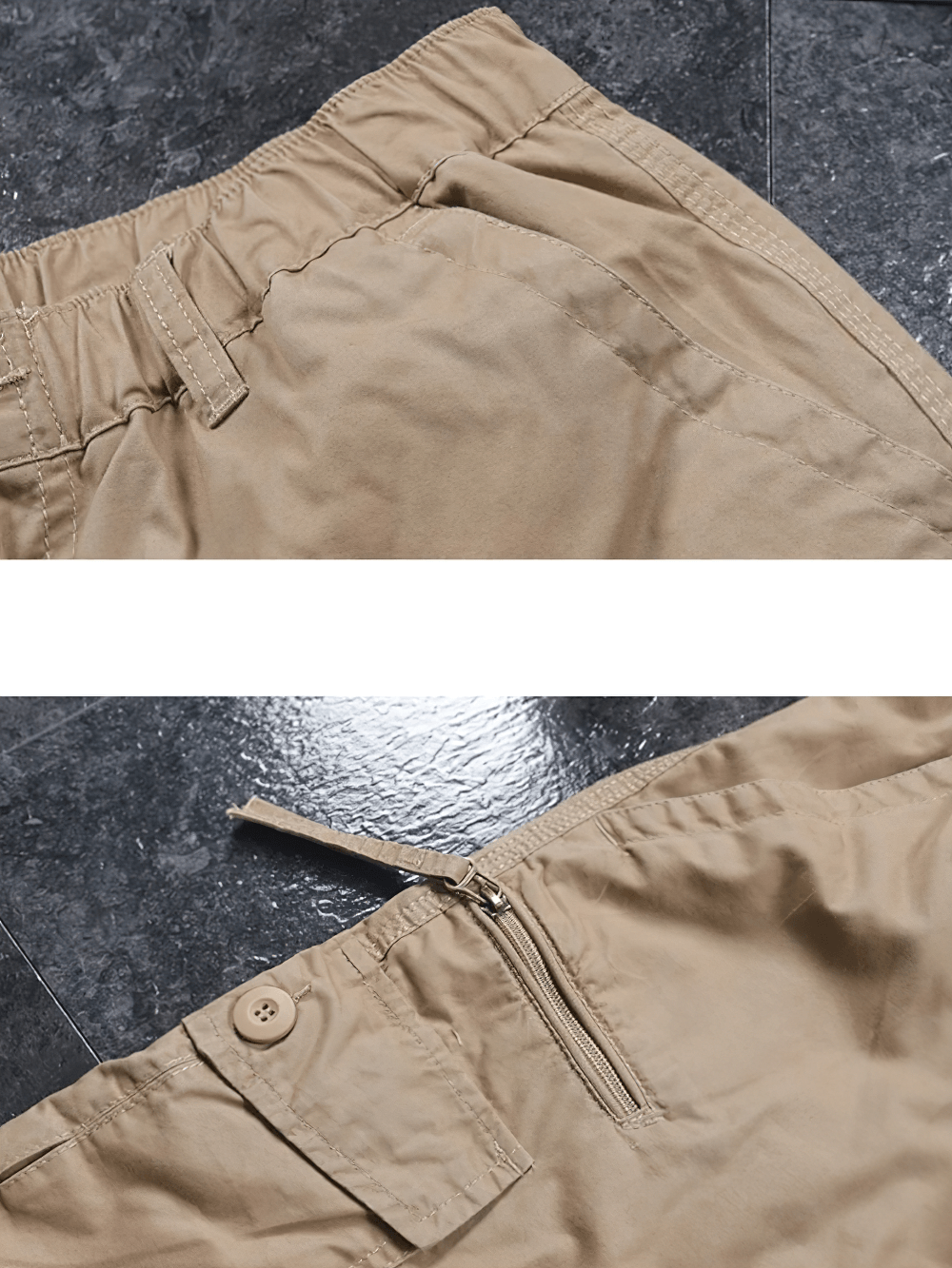 Alt Tag: Long Length Cargo Shorts With Multi-Pockets - SF4486 khaki utility cargo capri shorts close-up, elastic waistband, pocket zipper detail