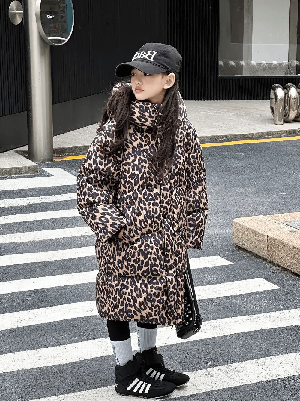 Girl wearing Long Leopard Print Hooded Puffer Coat - SF3527, stylish animal print jacket, urban street style, winter fashion for kids
