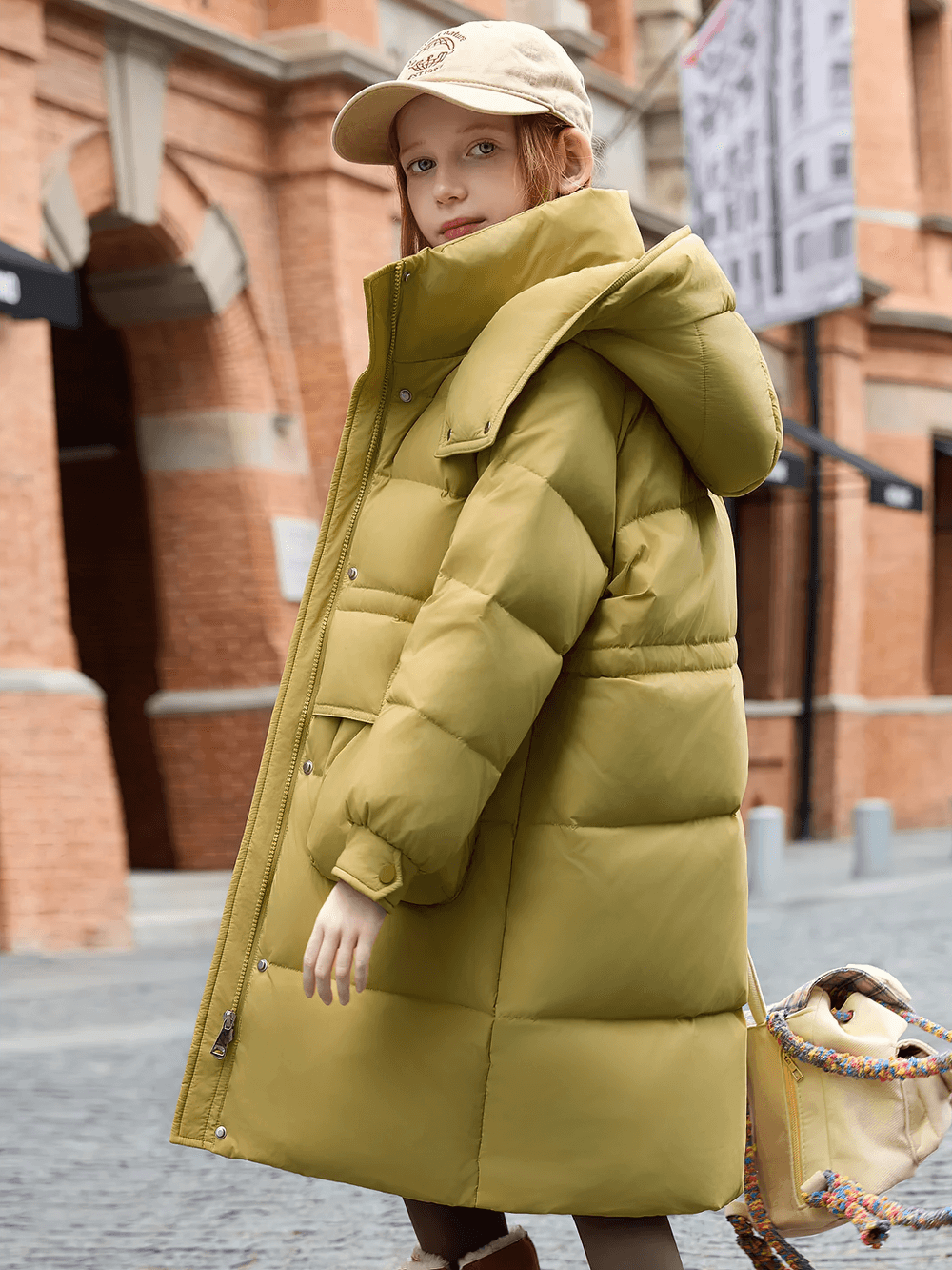 Child wearing Long Puffer Coat with Hood and Utility Pockets - SF3630 for a winter streetwear look.