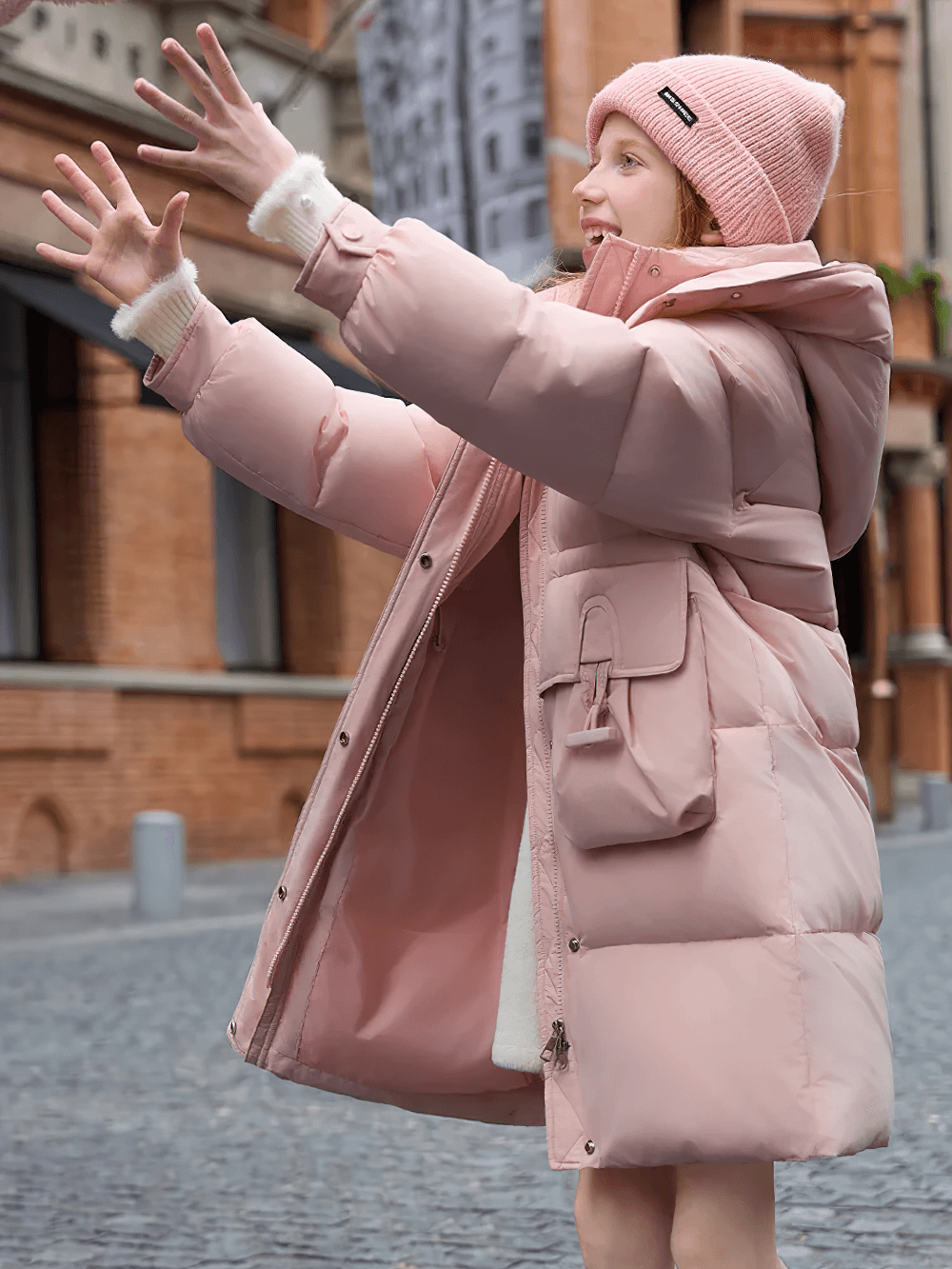 Child in pink Long Puffer Coat with Hood and Utility Pockets - SF3630 playing outdoors, showcasing winter streetwear style.