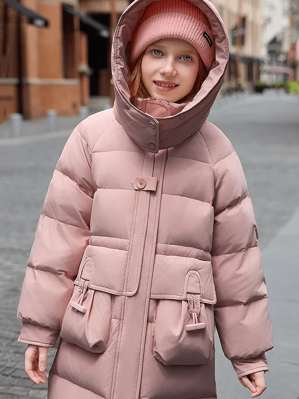 Child wearing Long Puffer Coat with Hood and Utility Pockets - SF3630 in pink, showcasing winter streetwear style with oversized hood.