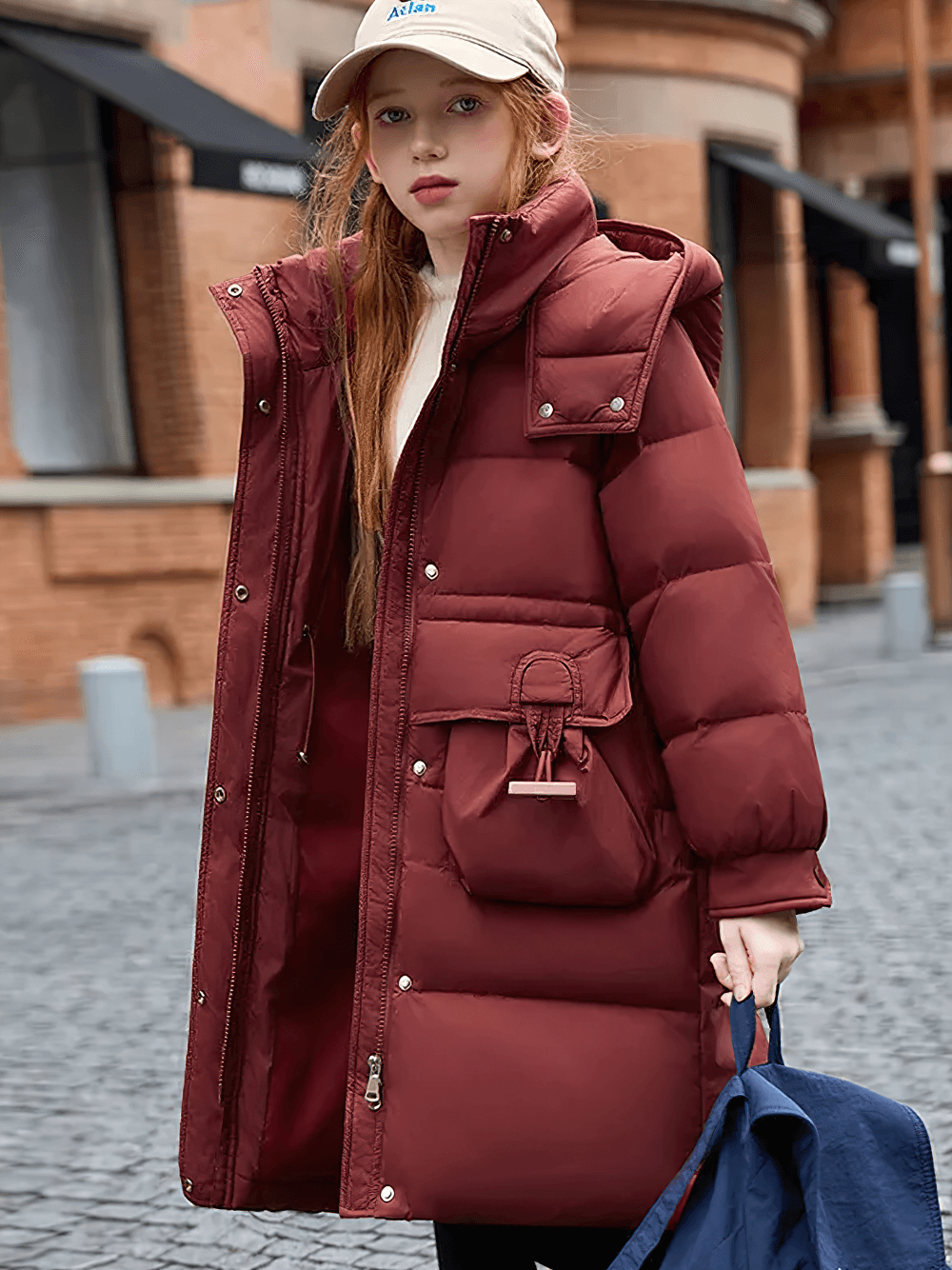 Children in Long Puffer Coat with Hood and Utility Pockets - SF3630, featuring winter style in wine red, perfect for urban streetwear.