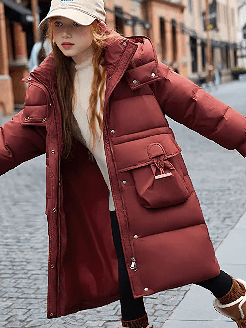 Child wearing Long Puffer Coat with Hood and Utility Pockets - SF3630 in wine red, showcasing winter streetwear style on a city street.
