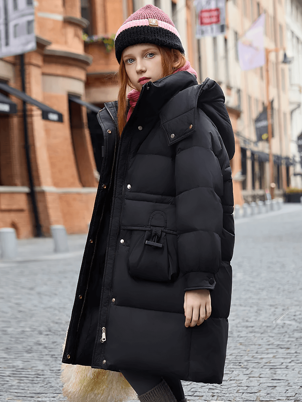 Child wearing Long Puffer Coat with Hood and Utility Pockets - SF3630, showcasing winter streetwear in urban setting.