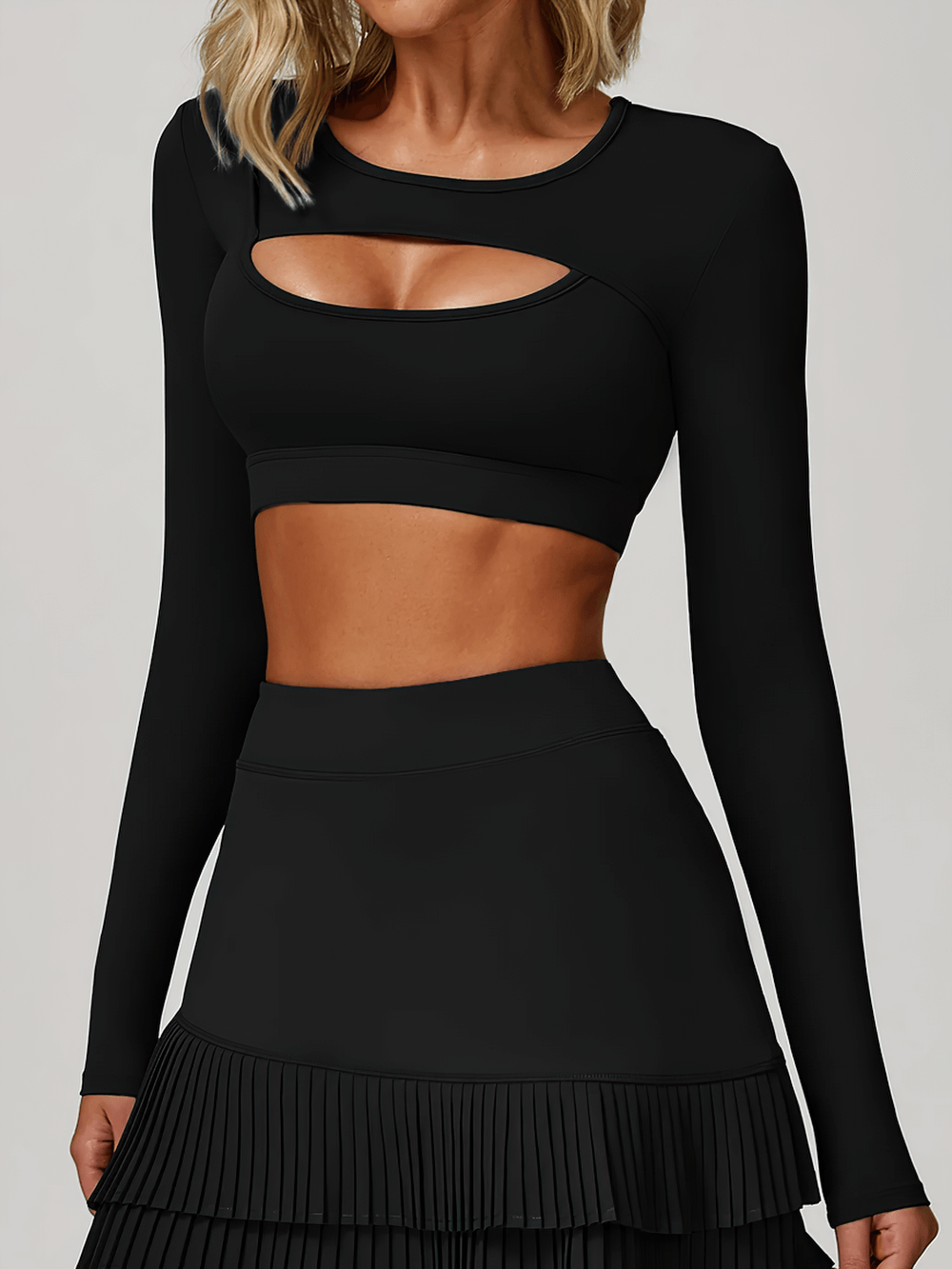 Alt Tag: Long Sleeve Cutout Yoga Crop Top for Women's - SF4384 black keyhole long sleeve crop sports top, quick-dry stretch fit