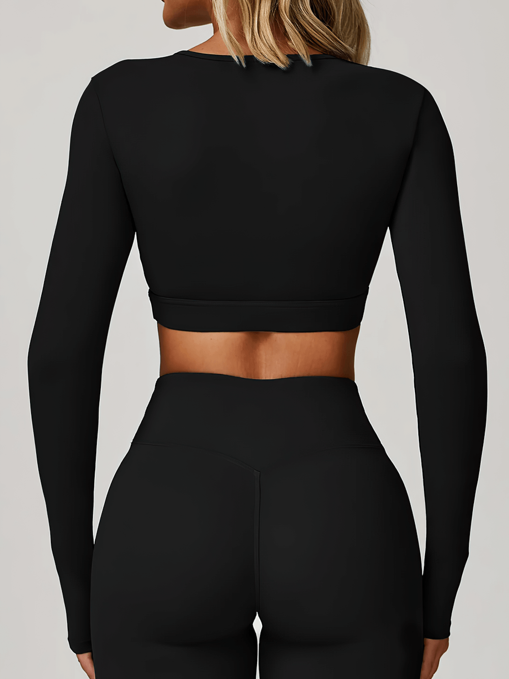 Long Sleeve Cutout Yoga Crop Top for Women's - SF4384 black long sleeve quick-dry crop top, back view, sleek athleisure fit