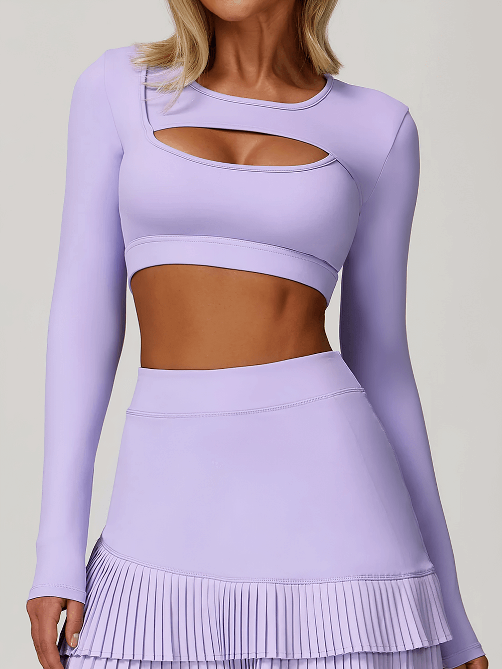 Alt Tag: Long Sleeve Cutout Yoga Crop Top for Women's - SF4384 in lavender, sexy keyhole long sleeve crop top, breathable quick-dry stretch