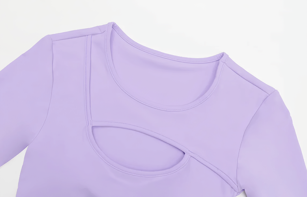 Alt Tag: Long Sleeve Cutout Yoga Crop Top for Women's - SF4384 lavender keyhole chest cutout long sleeve quick-dry sports crop top