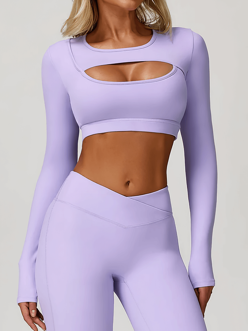 Alt Tag: Long Sleeve Cutout Yoga Crop Top for Women's - SF4384 lavender keyhole long sleeve crop top, quick-dry stretchy athleisure